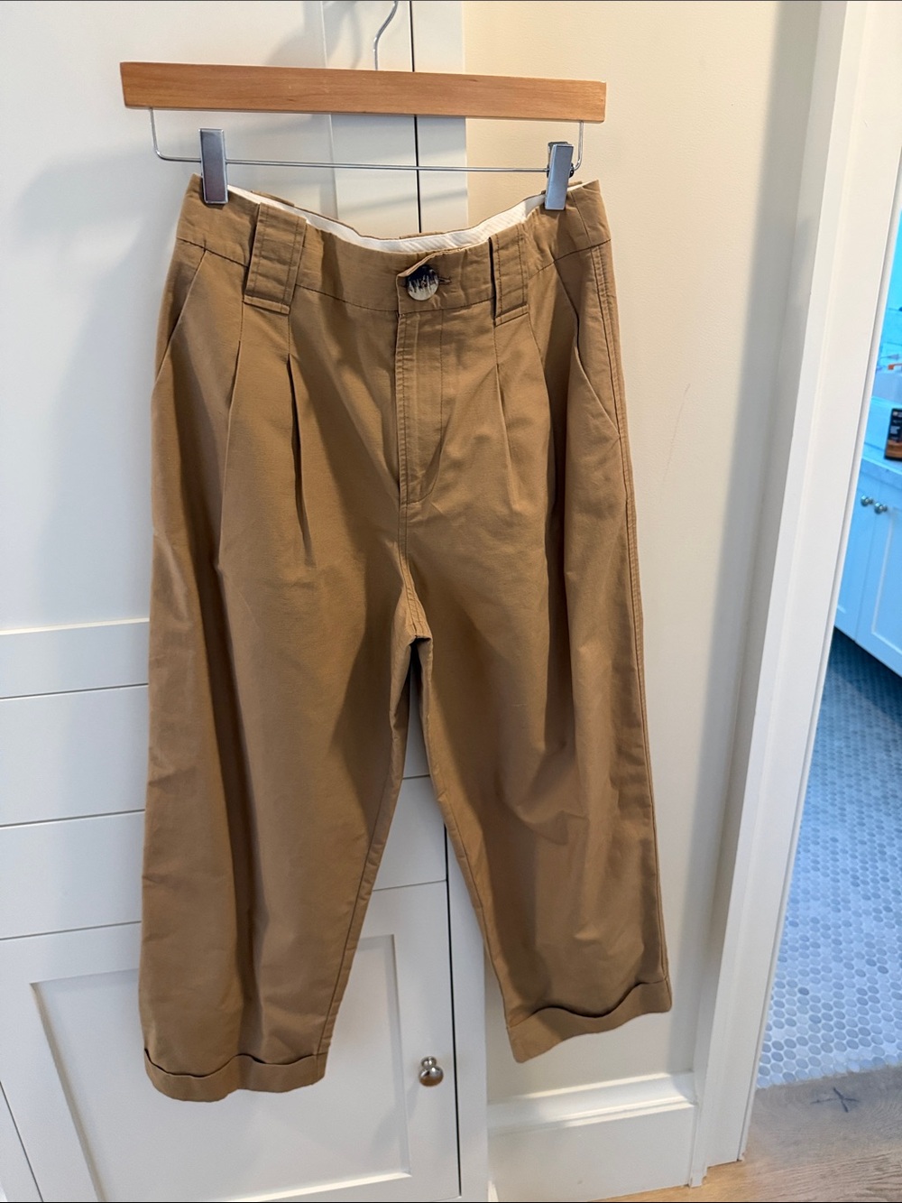 Ganni Cropped Pleated Chinos in Tan Brown